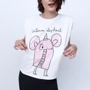 Zara ❤️ Pink Unicorn Elephant Drawing Shirt Top Shoulder pads made by Julia
